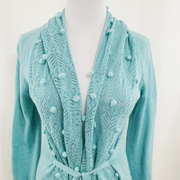 Anthropologie Knitted & Knotted Kose Teal Pom Pom Cardigan - Picture 4 of 6